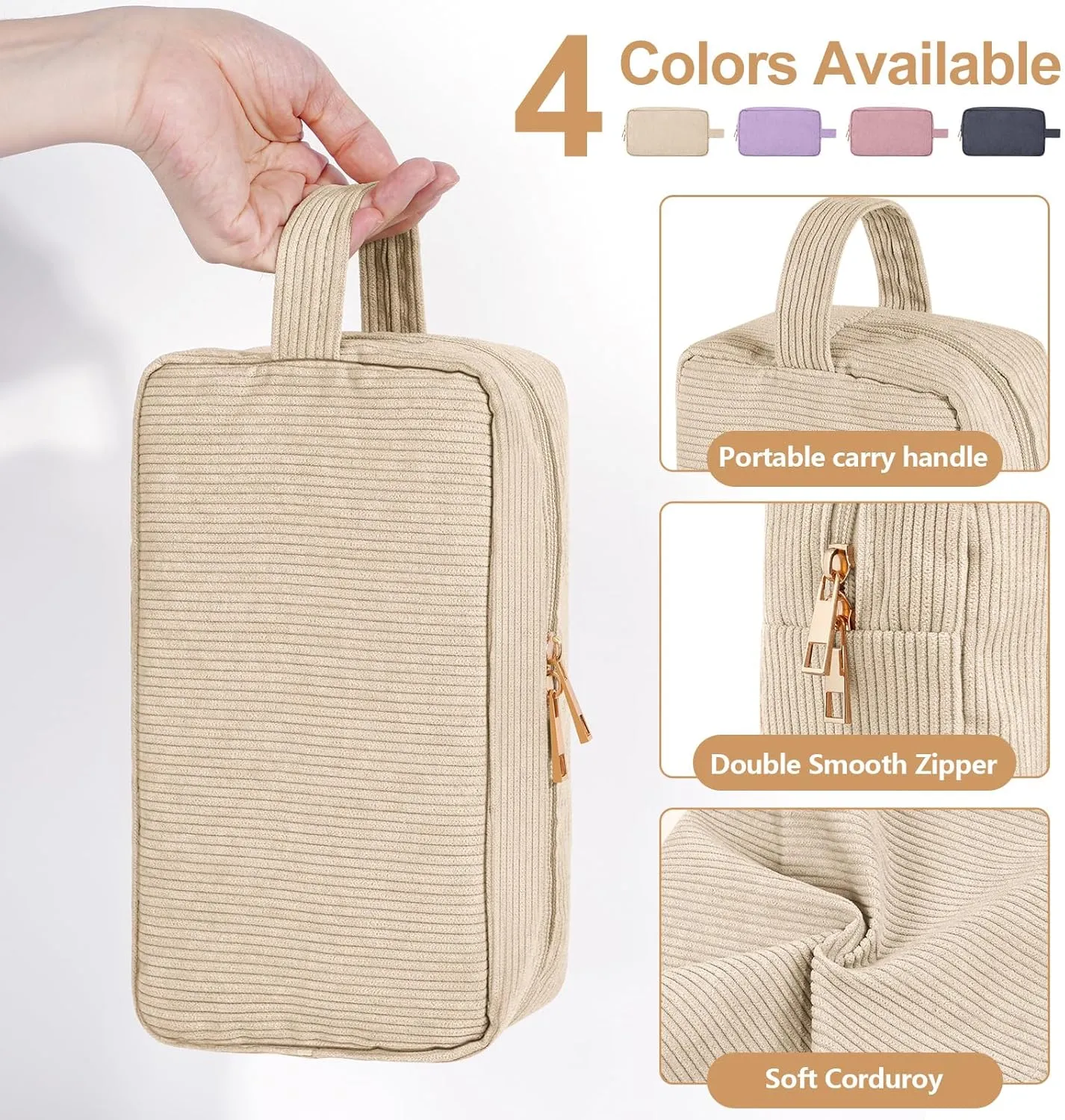 Makeup Bag 2 Pcs Corduroy Cosmetic Bag for Women Makeup Pouch Small Make Up Bag Large Travel Makeup Bag Cute Preppy Stuffs -Beige