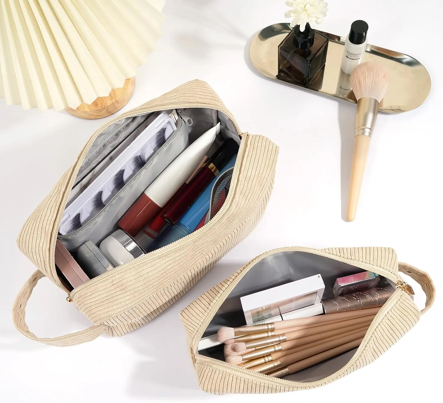 Makeup Bag 2 Pcs Corduroy Cosmetic Bag for Women Makeup Pouch Small Make Up Bag Large Travel Makeup Bag Cute Preppy Stuffs -Beige
