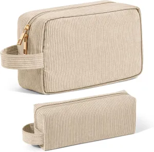 Makeup Bag 2 Pcs Corduroy Cosmetic Bag for Women Makeup Pouch Small Make Up Bag Large Travel Makeup Bag Cute Preppy Stuffs -Beige