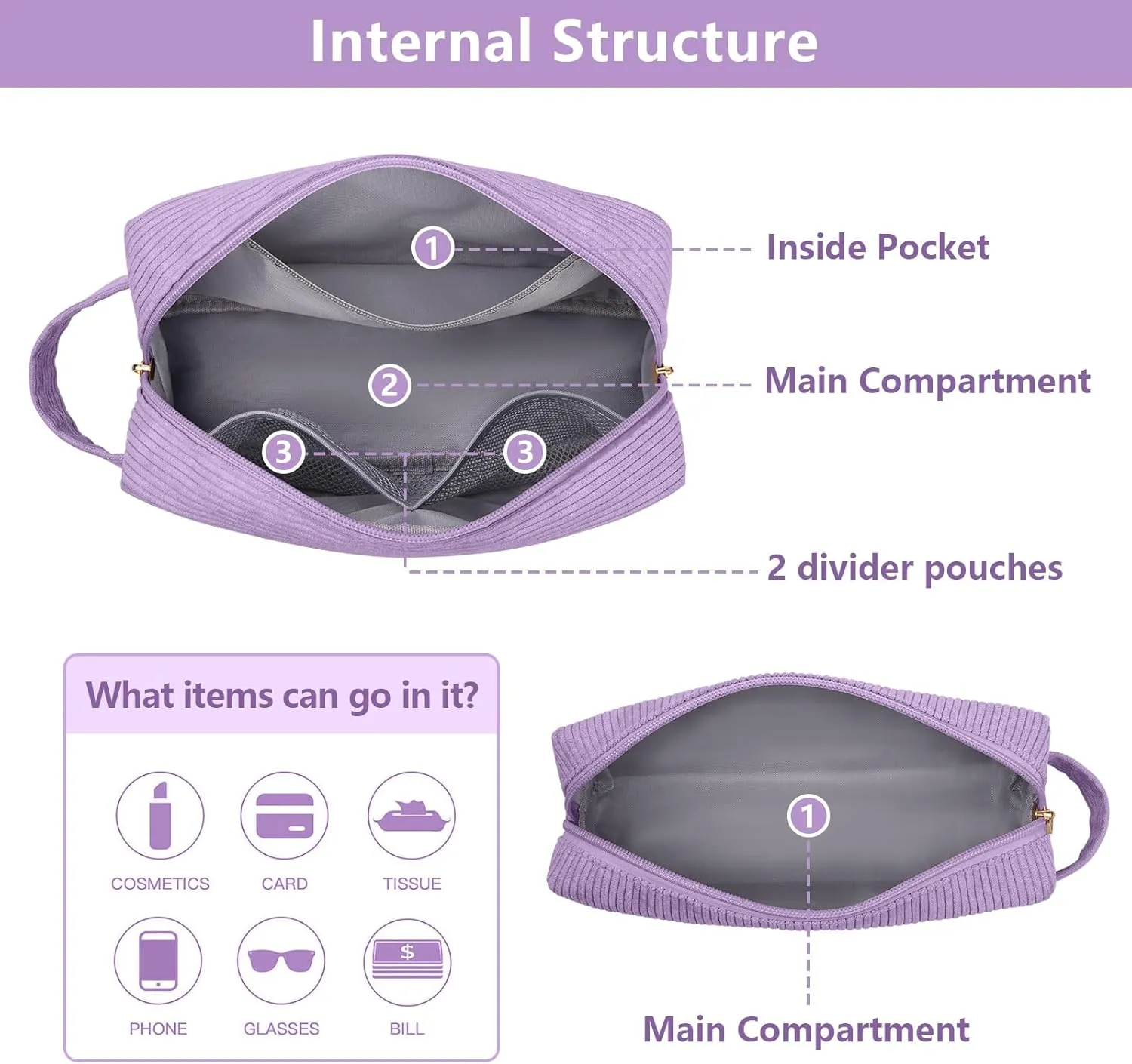 Makeup Bag 2 Pcs Corduroy Cosmetic Bag for Women Makeup Pouch Small Make Up Bag Large Travel Makeup Bag Cute Preppy Stuffs -Purple