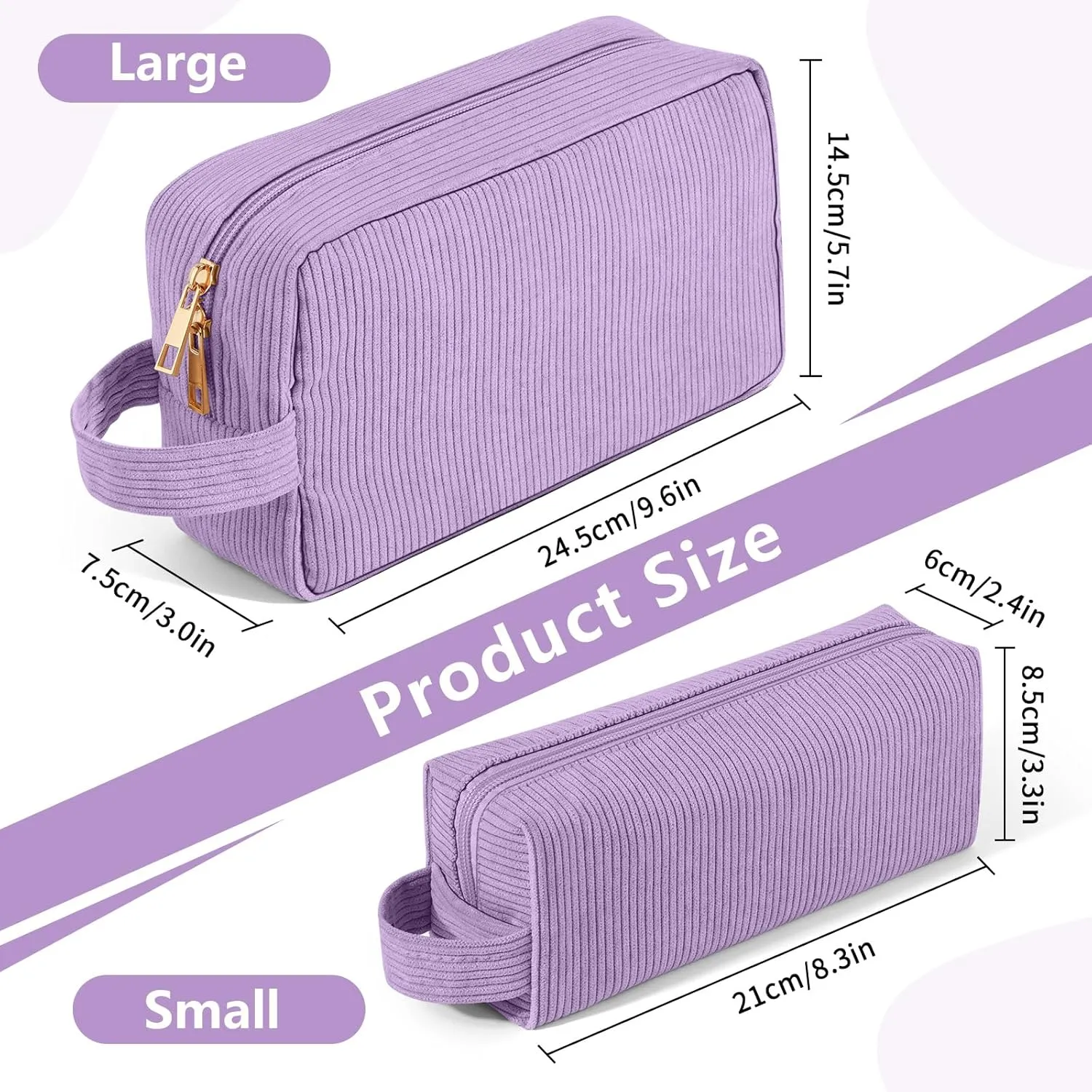 Makeup Bag 2 Pcs Corduroy Cosmetic Bag for Women Makeup Pouch Small Make Up Bag Large Travel Makeup Bag Cute Preppy Stuffs -Purple