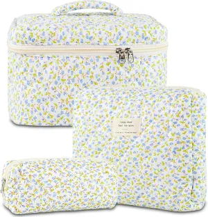 Makeup Bag, 3 PCS Quilted Makeup Bag, Cute Floral Cotton Cosmetic Bag set, Coquette Makeup Pouch Large Travel Toiletry Bag