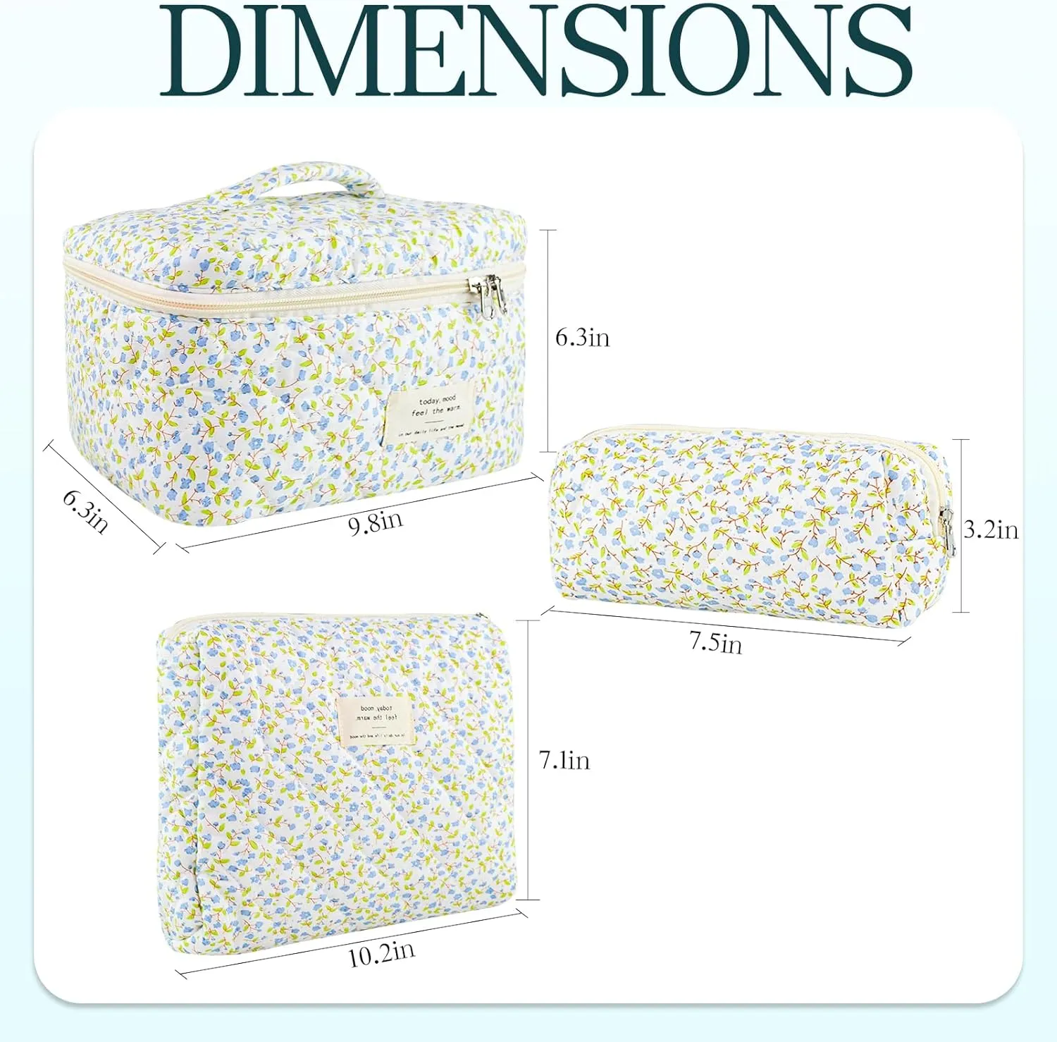 Makeup Bag, 3 PCS Quilted Makeup Bag, Cute Floral Cotton Cosmetic Bag set, Coquette Makeup Pouch Large Travel Toiletry Bag