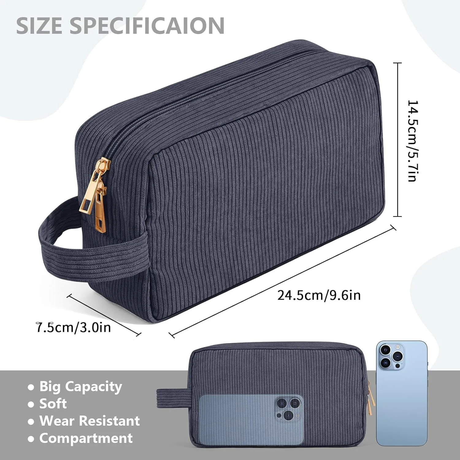Makeup Bag Corduroy Cosmetic Bag for Women Large Capacity Makeup Pouch Portable Makeup Organizer Bag for Accessories, Toiletries Preppy Stuffs -Grey