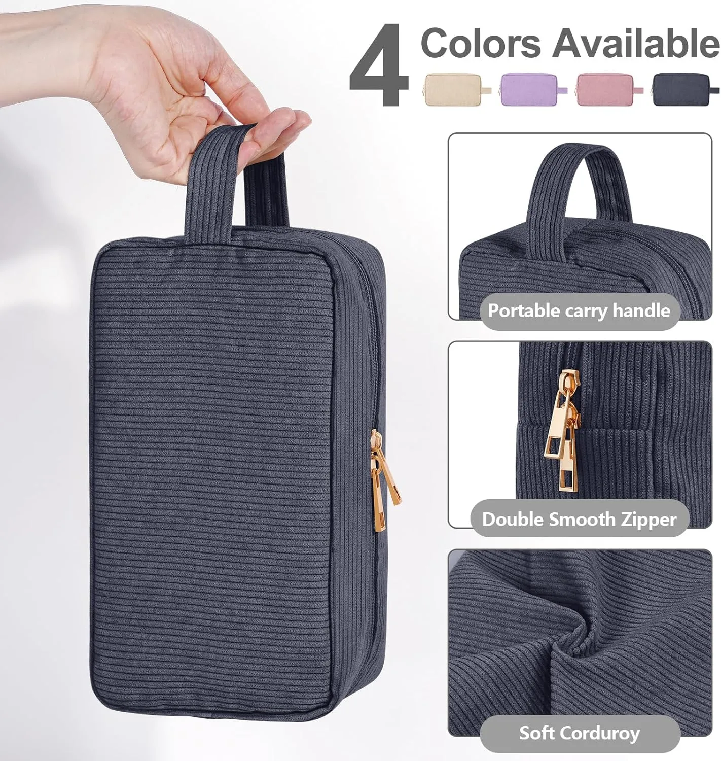Makeup Bag Corduroy Cosmetic Bag for Women Large Capacity Makeup Pouch Portable Makeup Organizer Bag for Accessories, Toiletries Preppy Stuffs -Grey