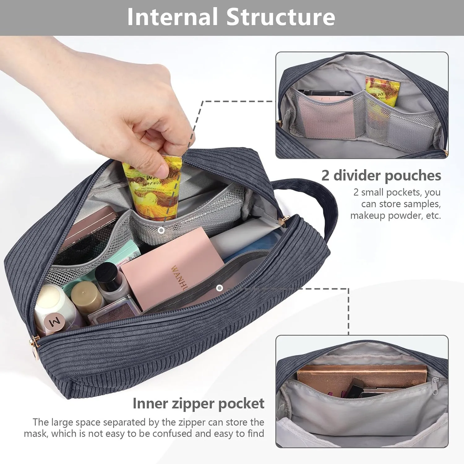 Makeup Bag Corduroy Cosmetic Bag for Women Large Capacity Makeup Pouch Portable Makeup Organizer Bag for Accessories, Toiletries Preppy Stuffs -Grey