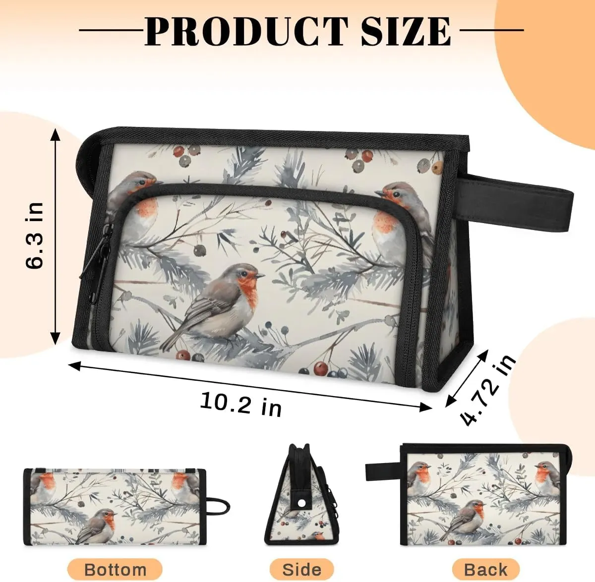 Makeup Bag Cute Birds Berry Travel Toiletry Bag Makeup Organizer Portable Make Up Bags for Women Cosmetic Bag with Handle