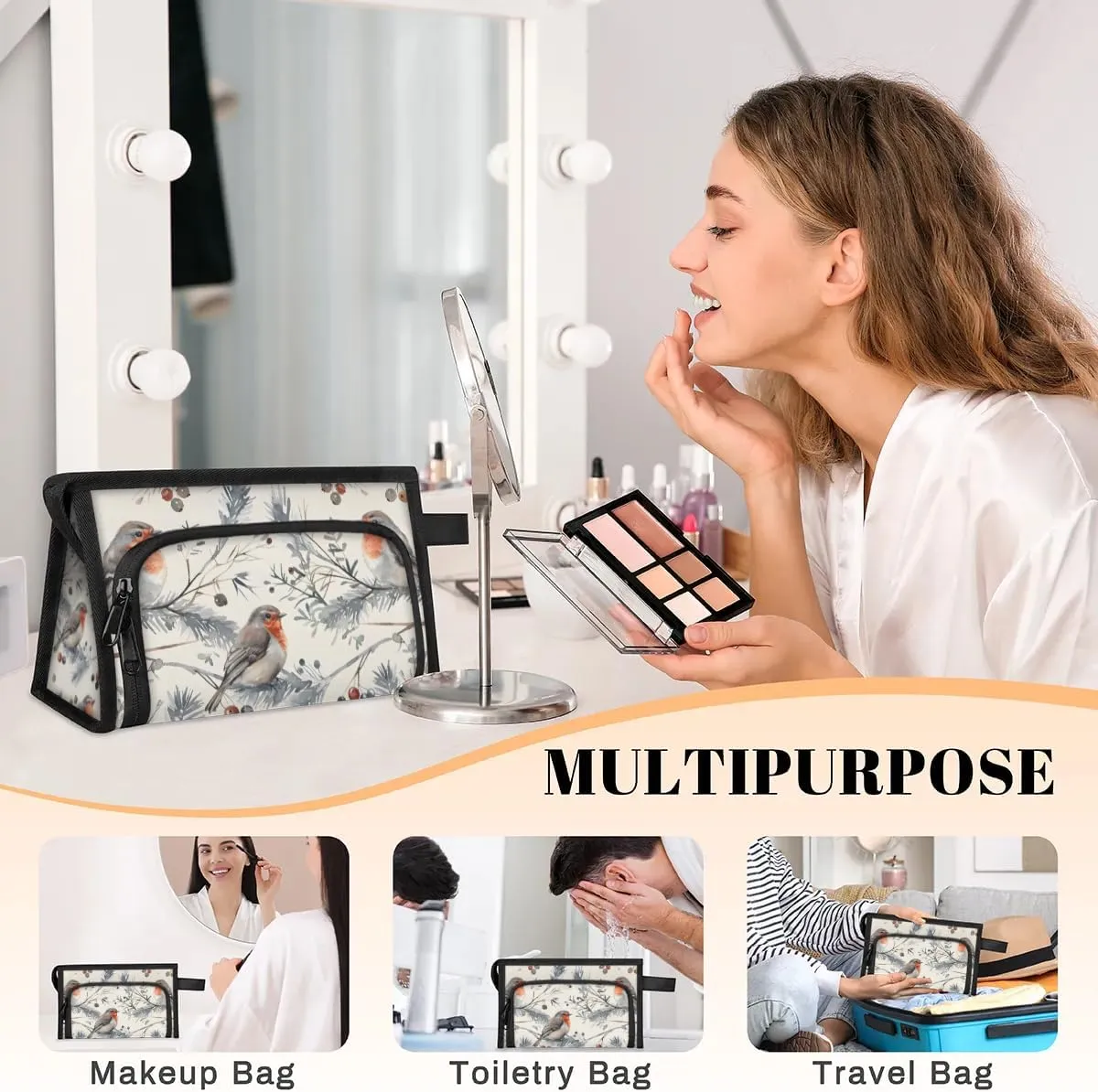 Makeup Bag Cute Birds Berry Travel Toiletry Bag Makeup Organizer Portable Make Up Bags for Women Cosmetic Bag with Handle