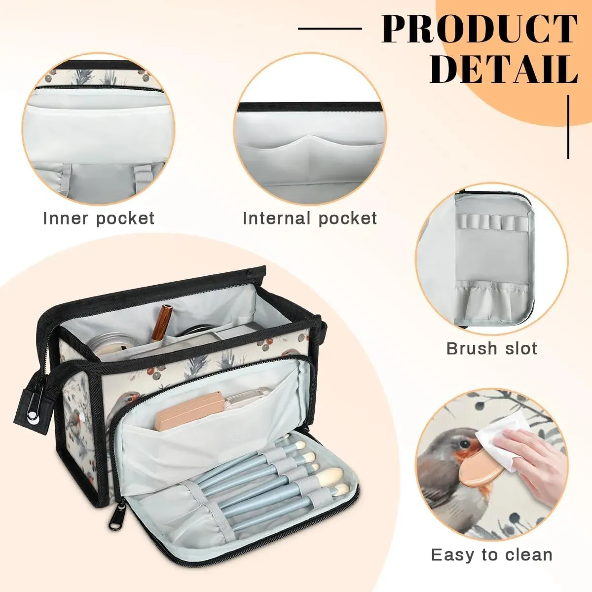 Makeup Bag Cute Birds Berry Travel Toiletry Bag Makeup Organizer Portable Make Up Bags for Women Cosmetic Bag with Handle