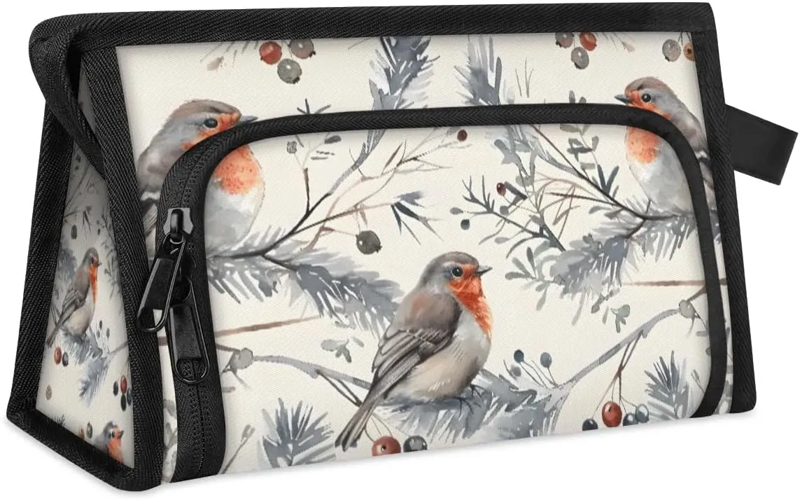 Makeup Bag Cute Birds Berry Travel Toiletry Bag Makeup Organizer Portable Make Up Bags for Women Cosmetic Bag with Handle