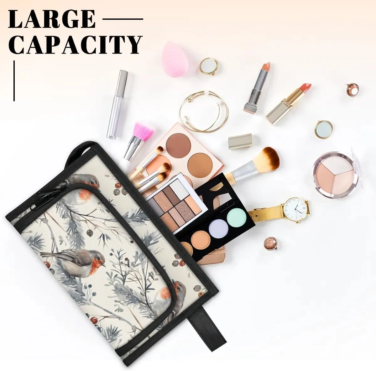 Makeup Bag Cute Birds Berry Travel Toiletry Bag Makeup Organizer Portable Make Up Bags for Women Cosmetic Bag with Handle