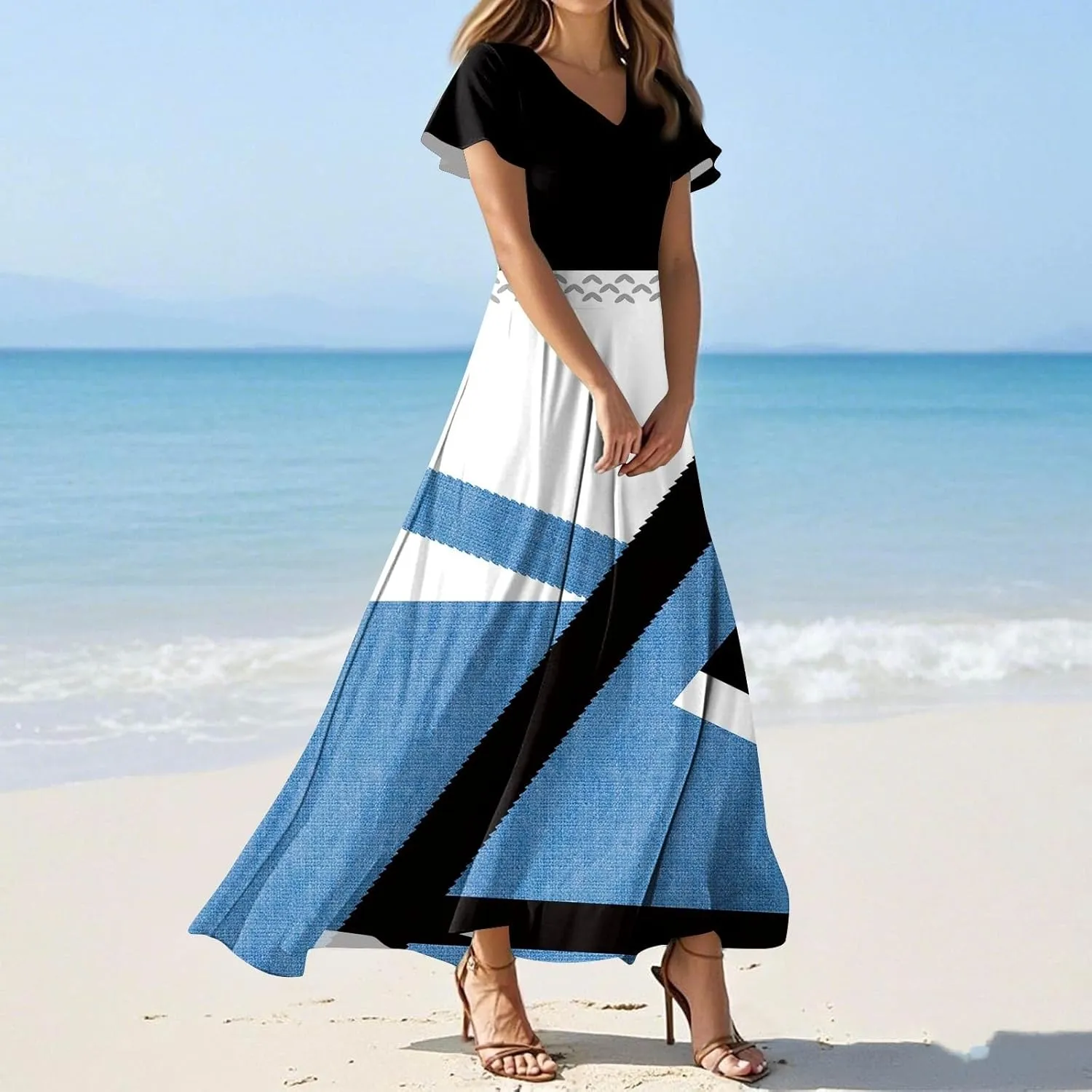 Maxi Dresses for Women,2025 Summer Elegant V Neck Short Sleeve Floral Beach Dress,Flowy Ruched Boho Vacation Dress