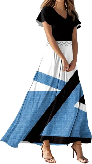 Maxi Dresses for Women,2025 Summer Elegant V Neck Short Sleeve Floral Beach Dress,Flowy Ruched Boho Vacation Dress