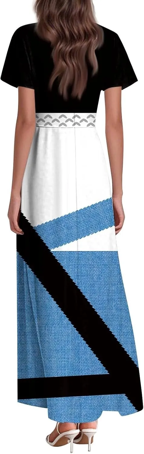 Maxi Dresses for Women,2025 Summer Elegant V Neck Short Sleeve Floral Beach Dress,Flowy Ruched Boho Vacation Dress