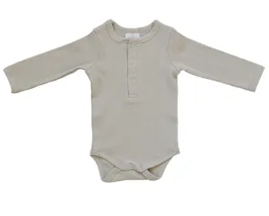 Mebie Baby - Organic Henley Long Sleeve Ribbed Onesie in Oatmeal