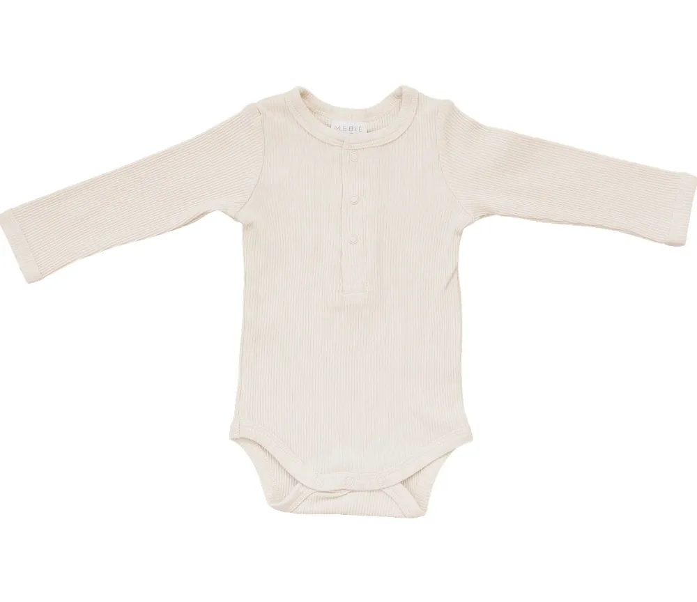 Mebie Baby - Organic Henley Long Sleeve Ribbed Onesie in Vanilla