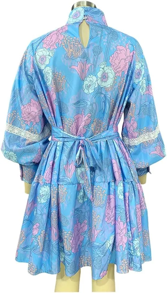 Melliflo Women's Floral Print Lantern Sleeve Turtleneck Dress Boho Tie Waist Ruffle Babydoll Shirt Mini Dress