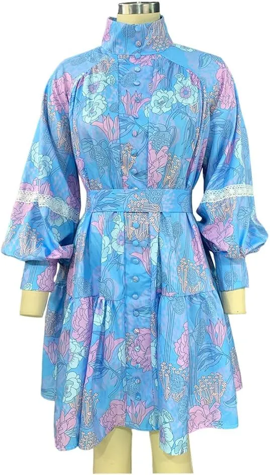 Melliflo Women's Floral Print Lantern Sleeve Turtleneck Dress Boho Tie Waist Ruffle Babydoll Shirt Mini Dress