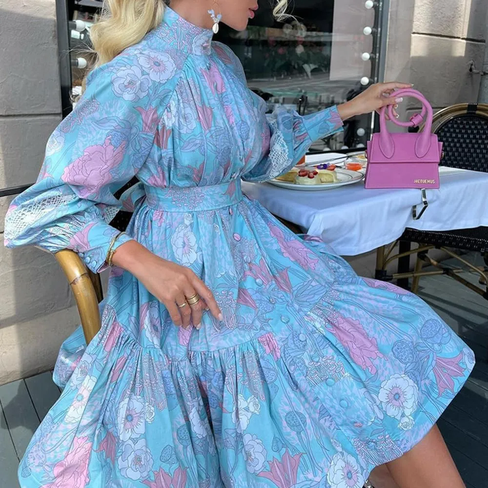 Melliflo Women's Floral Print Lantern Sleeve Turtleneck Dress Boho Tie Waist Ruffle Babydoll Shirt Mini Dress