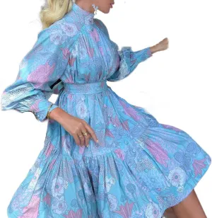 Melliflo Women's Floral Print Lantern Sleeve Turtleneck Dress Boho Tie Waist Ruffle Babydoll Shirt Mini Dress