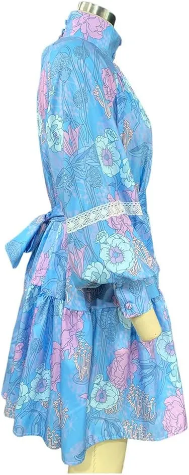 Melliflo Women's Floral Print Lantern Sleeve Turtleneck Dress Boho Tie Waist Ruffle Babydoll Shirt Mini Dress