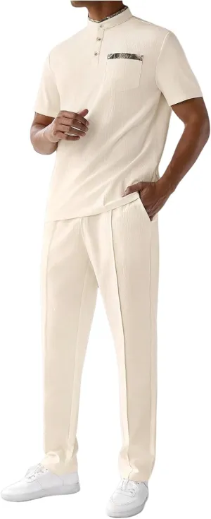 Men's 2 Piece Outfits Button Up Banded Collar Shirts and Drawstring Waist Pants Clothing Set