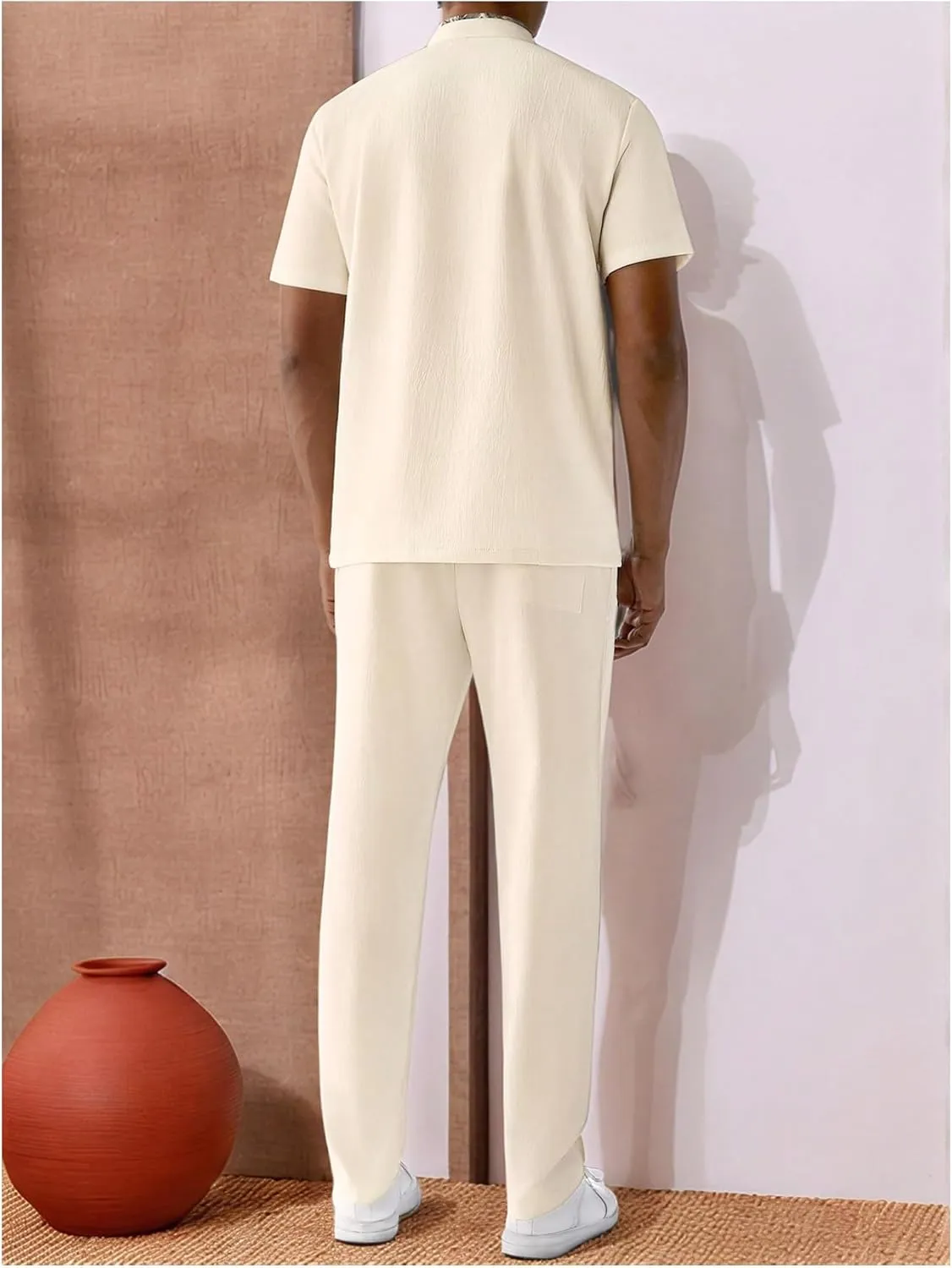 Men's 2 Piece Outfits Button Up Banded Collar Shirts and Drawstring Waist Pants Clothing Set