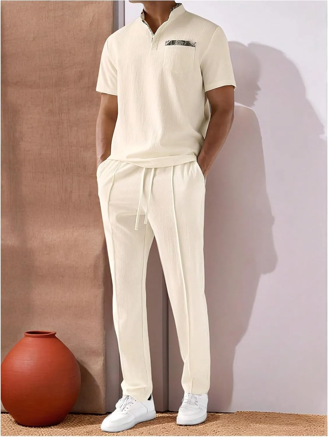 Men's 2 Piece Outfits Button Up Banded Collar Shirts and Drawstring Waist Pants Clothing Set