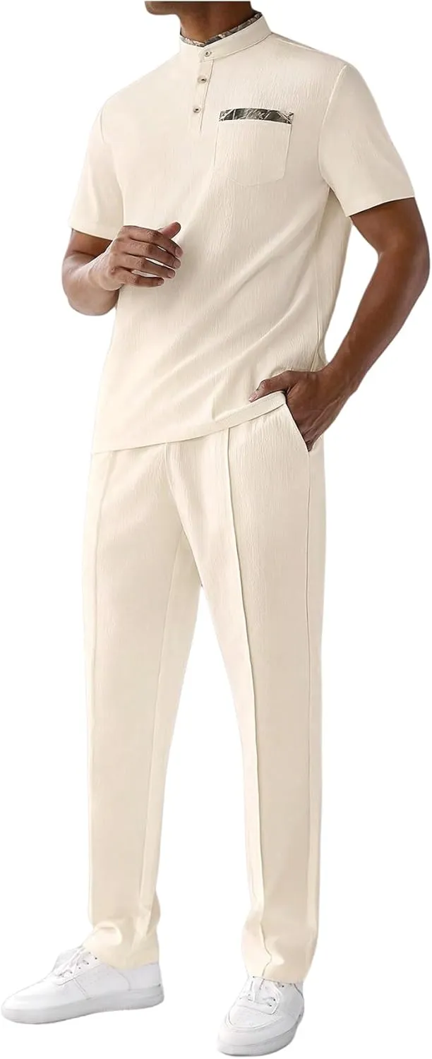 Men's 2 Piece Outfits Button Up Banded Collar Shirts and Drawstring Waist Pants Clothing Set