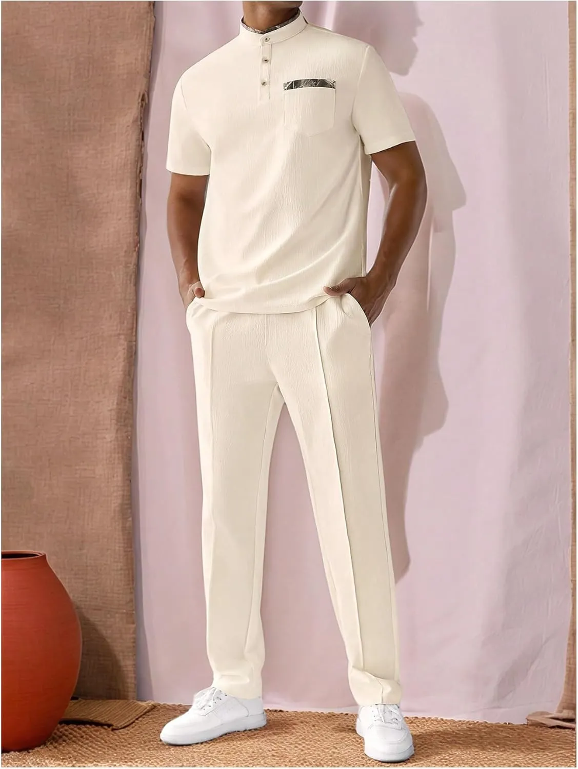 Men's 2 Piece Outfits Button Up Banded Collar Shirts and Drawstring Waist Pants Clothing Set