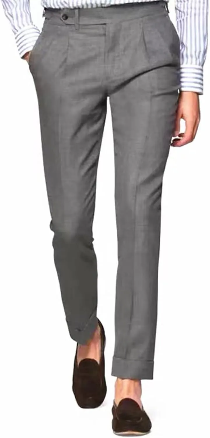 Mens Classic Casual Dress Pants Grey Wool Suit Pant Slim Fit Flat Front Slacks
