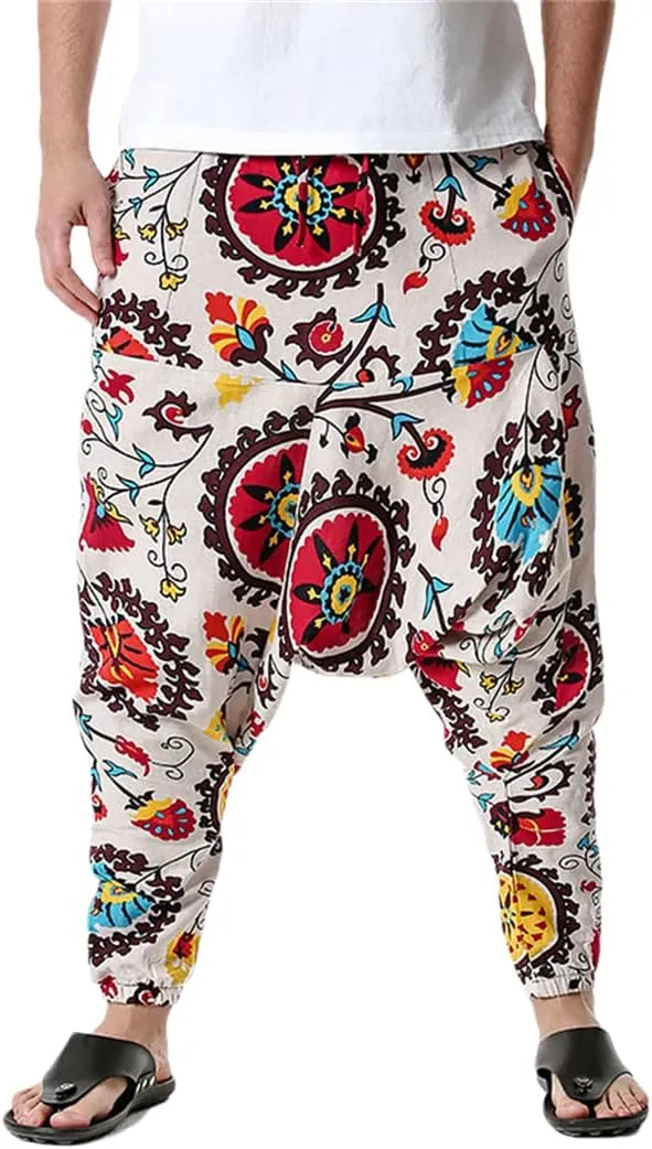 Men's Hippie Baggy Boho Harem Pants African Pattern Print Casual Hip Hop Pants
