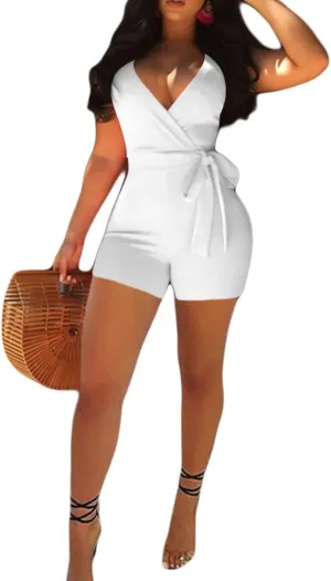 MESLIMA Women's Summer Sleeveless Short Romper Sexy Strap V Neck Wrap Front Tie Casual One Piece Jumpsuit