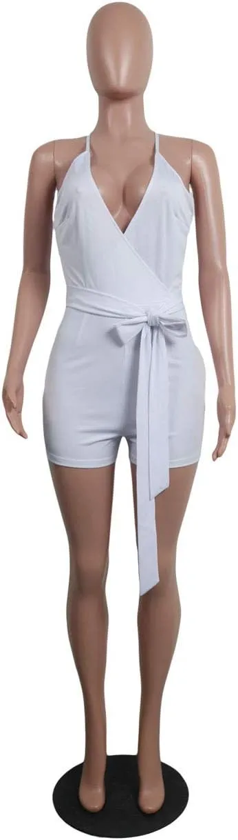 MESLIMA Women's Summer Sleeveless Short Romper Sexy Strap V Neck Wrap Front Tie Casual One Piece Jumpsuit