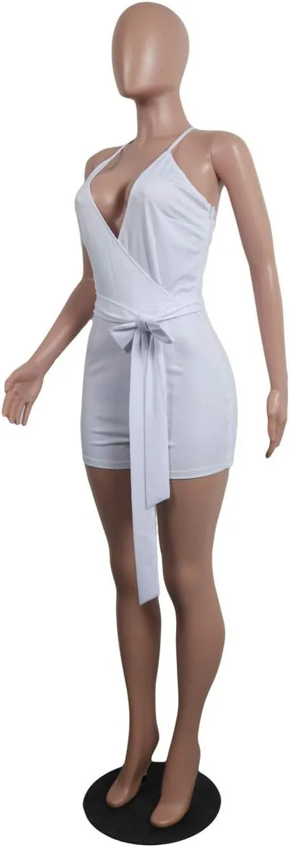 MESLIMA Women's Summer Sleeveless Short Romper Sexy Strap V Neck Wrap Front Tie Casual One Piece Jumpsuit