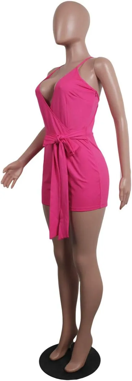 MESLIMA Women's Summer Sleeveless Short Romper Sexy Strap V Neck Wrap Front Tie Casual One Piece Jumpsuit
