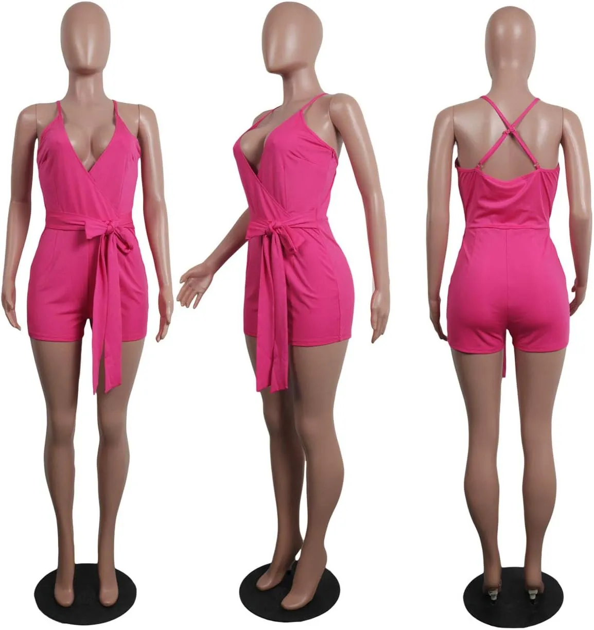 MESLIMA Women's Summer Sleeveless Short Romper Sexy Strap V Neck Wrap Front Tie Casual One Piece Jumpsuit
