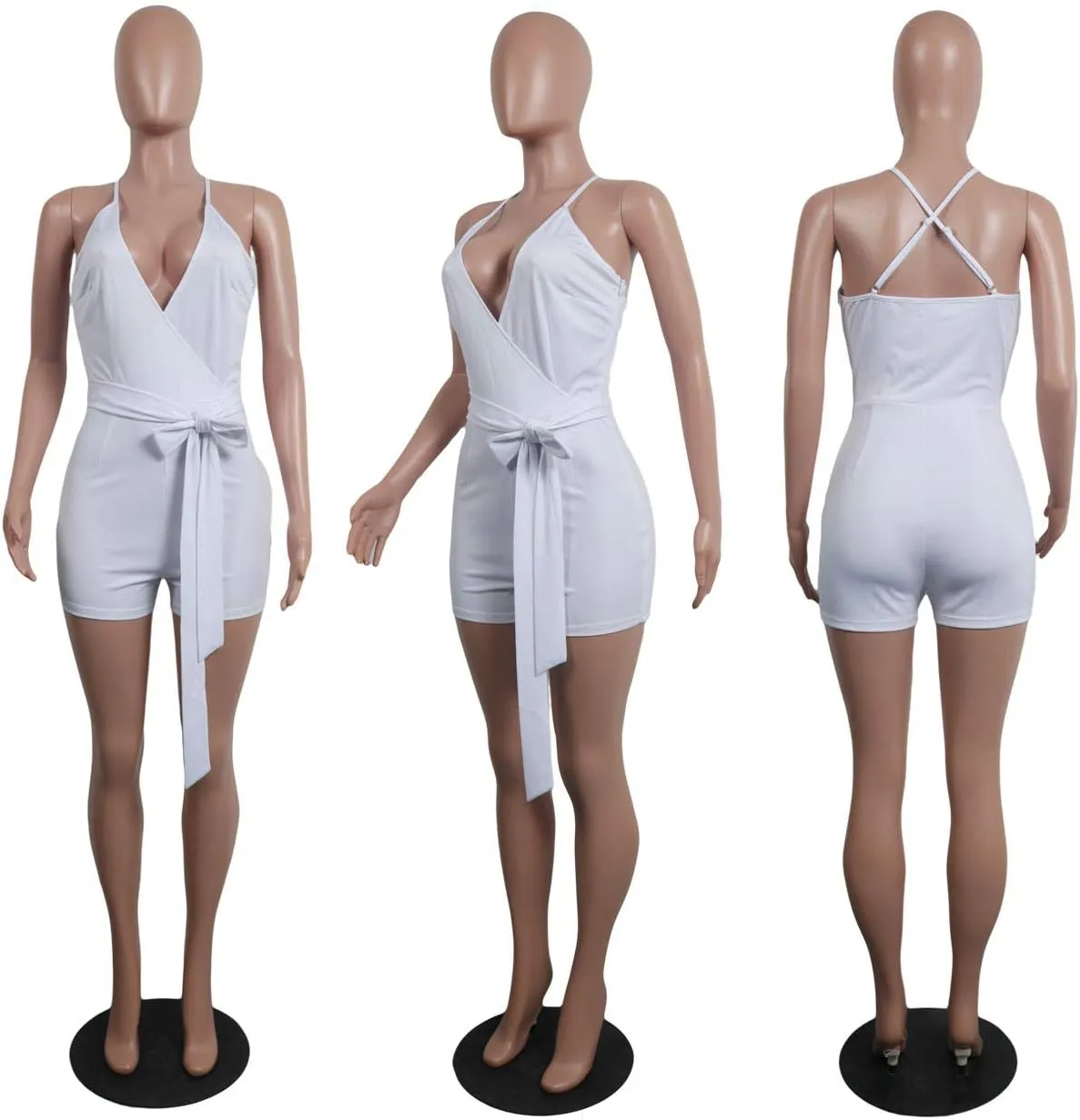 MESLIMA Women's Summer Sleeveless Short Romper Sexy Strap V Neck Wrap Front Tie Casual One Piece Jumpsuit
