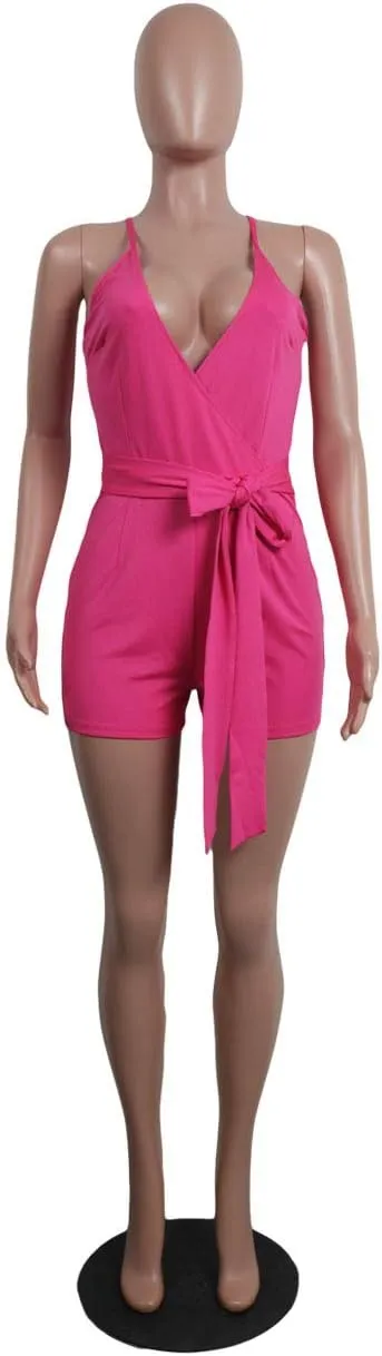 MESLIMA Women's Summer Sleeveless Short Romper Sexy Strap V Neck Wrap Front Tie Casual One Piece Jumpsuit