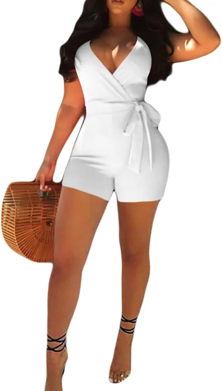 MESLIMA Women's Summer Sleeveless Short Romper Sexy Strap V Neck Wrap Front Tie Casual One Piece Jumpsuit