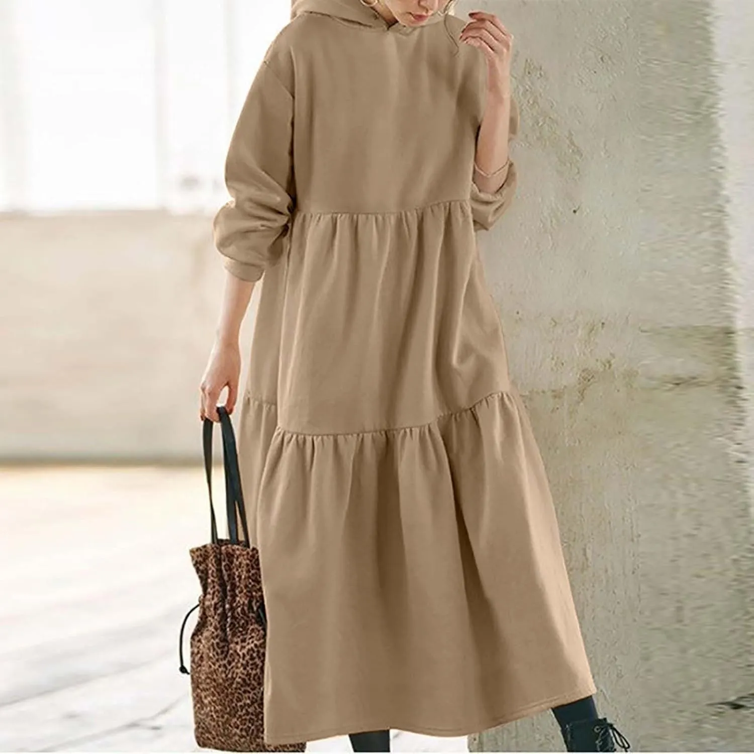 Micidad Womens Oversized Hoodie Dress Long Sleeve Hooded Sweatshirt Casual Lose Tiered Maxi Hoodie