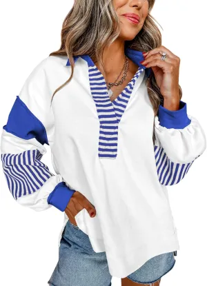 miduo Womens Loose Fit Striped Color Block Long Sleeve Sweatshirt Lapel Collared V Neck Pullover Shirts Tops