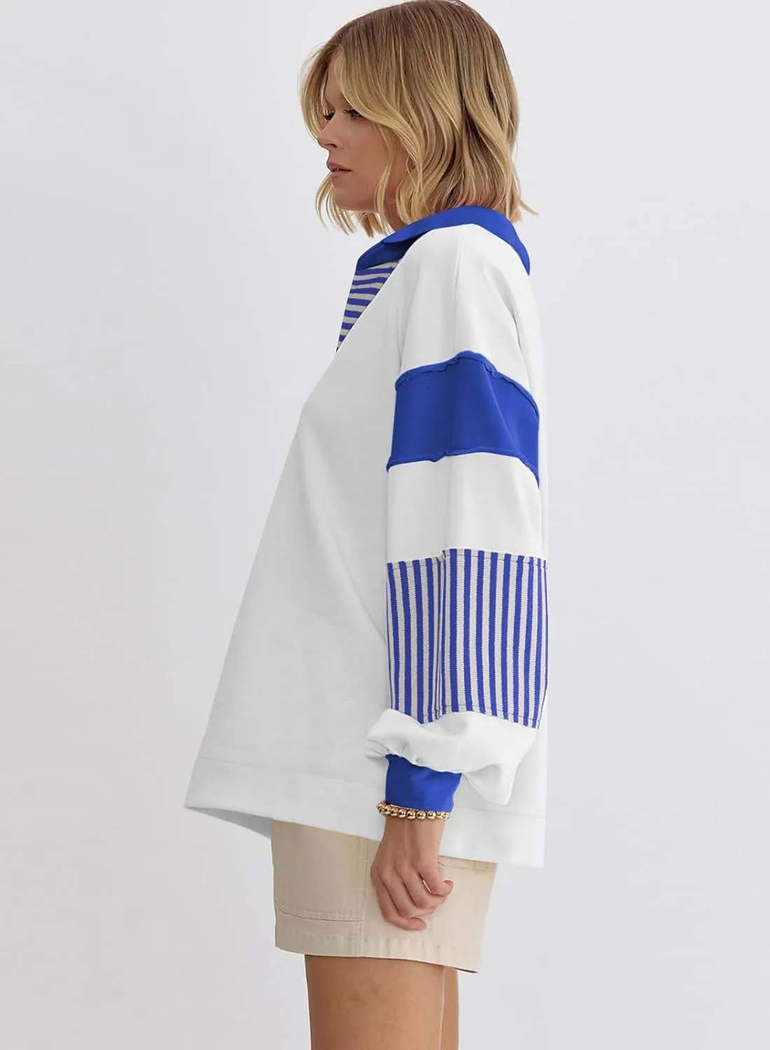 miduo Womens Loose Fit Striped Color Block Long Sleeve Sweatshirt Lapel Collared V Neck Pullover Shirts Tops