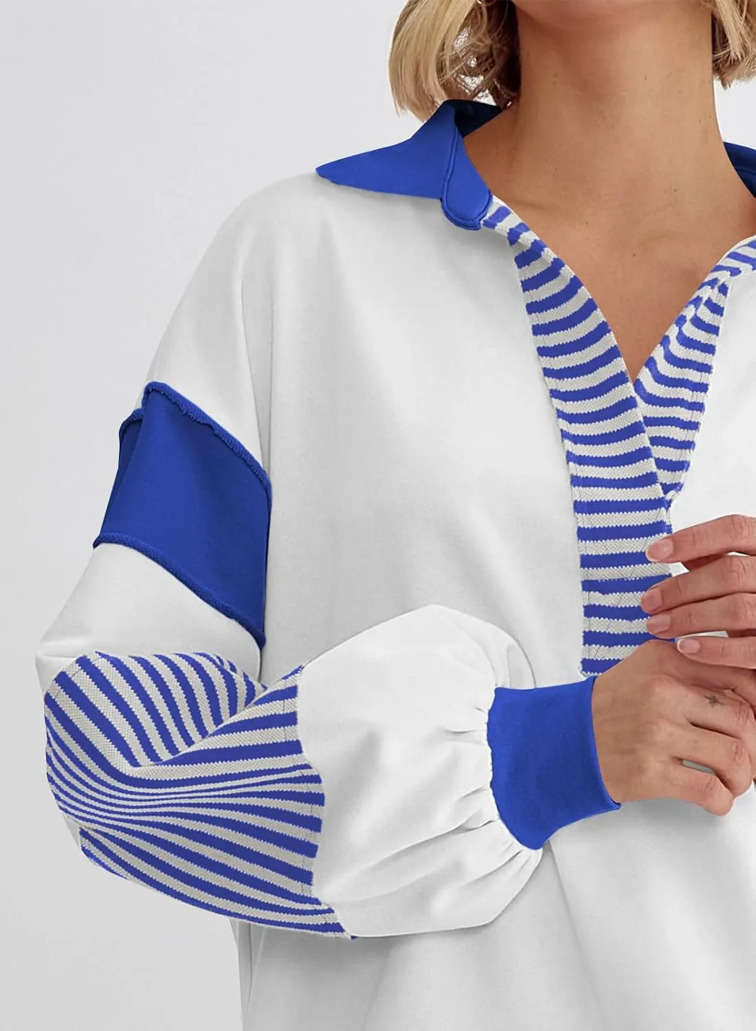 miduo Womens Loose Fit Striped Color Block Long Sleeve Sweatshirt Lapel Collared V Neck Pullover Shirts Tops