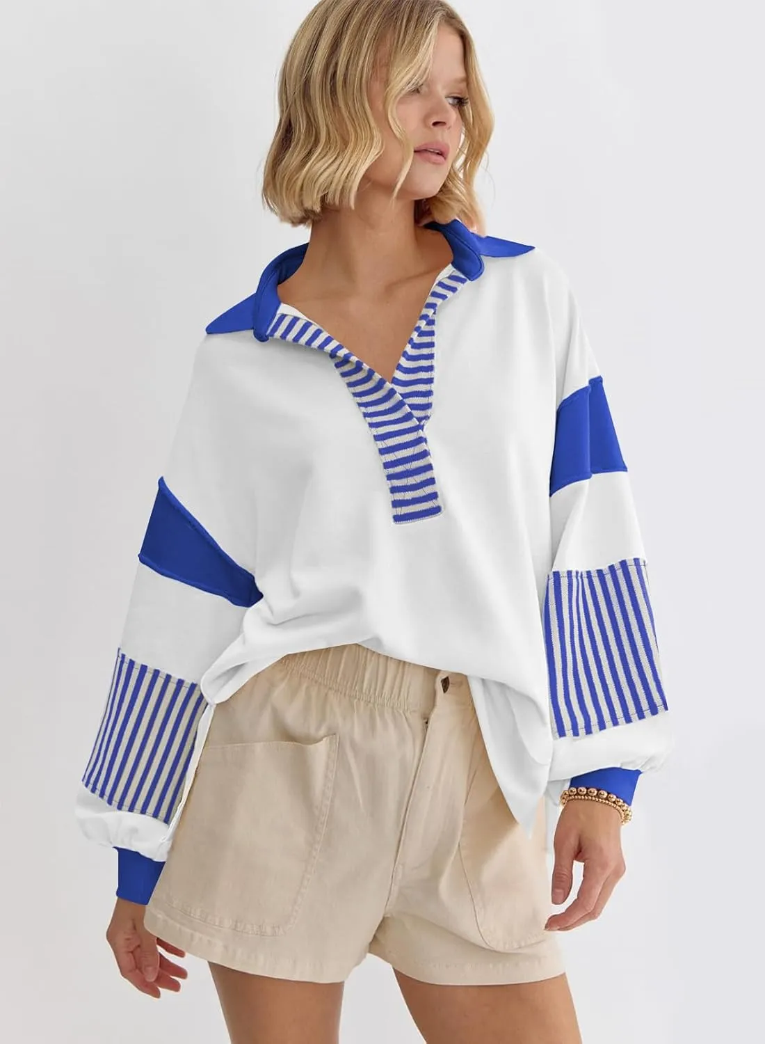 miduo Womens Loose Fit Striped Color Block Long Sleeve Sweatshirt Lapel Collared V Neck Pullover Shirts Tops