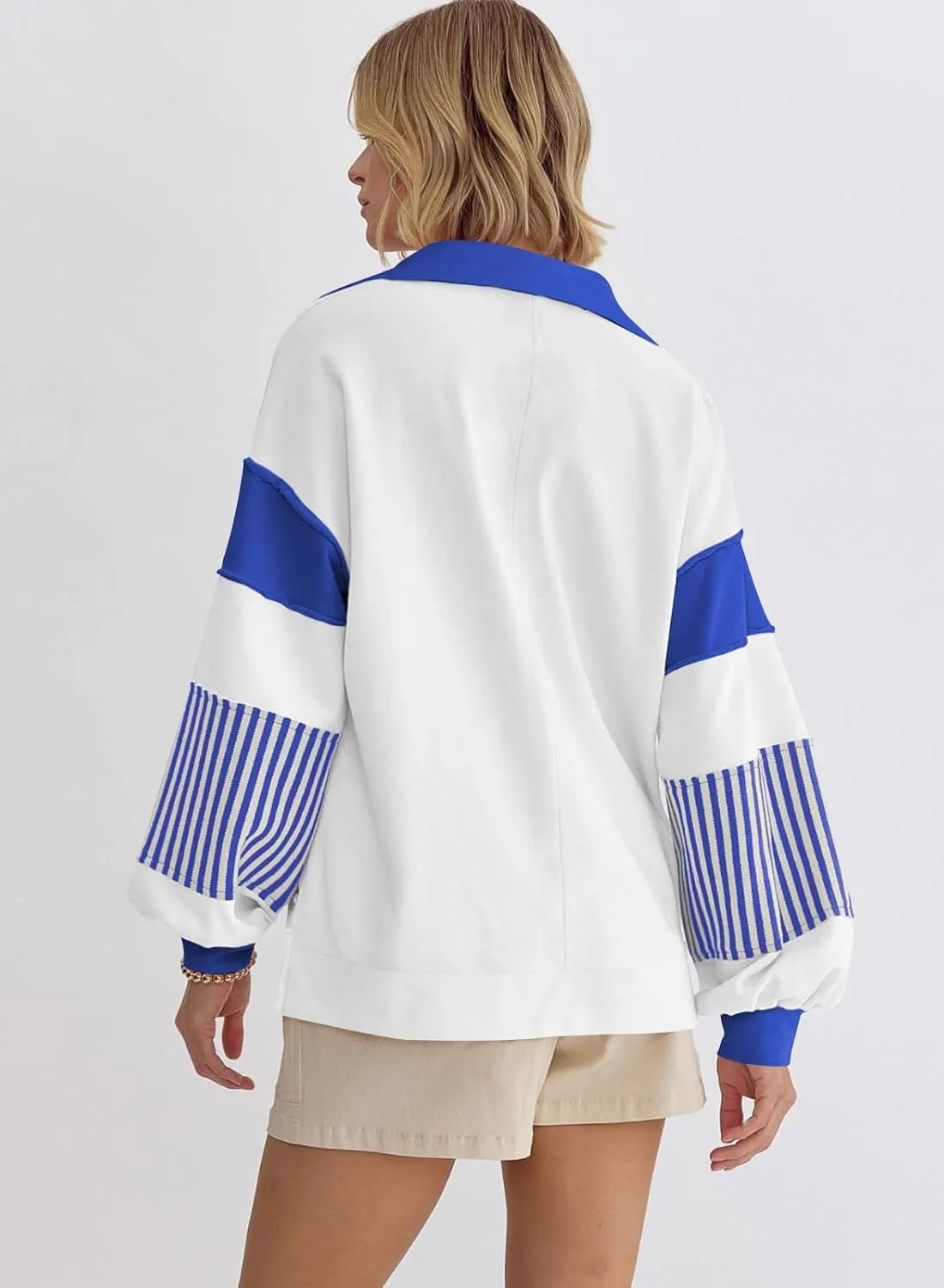 miduo Womens Loose Fit Striped Color Block Long Sleeve Sweatshirt Lapel Collared V Neck Pullover Shirts Tops