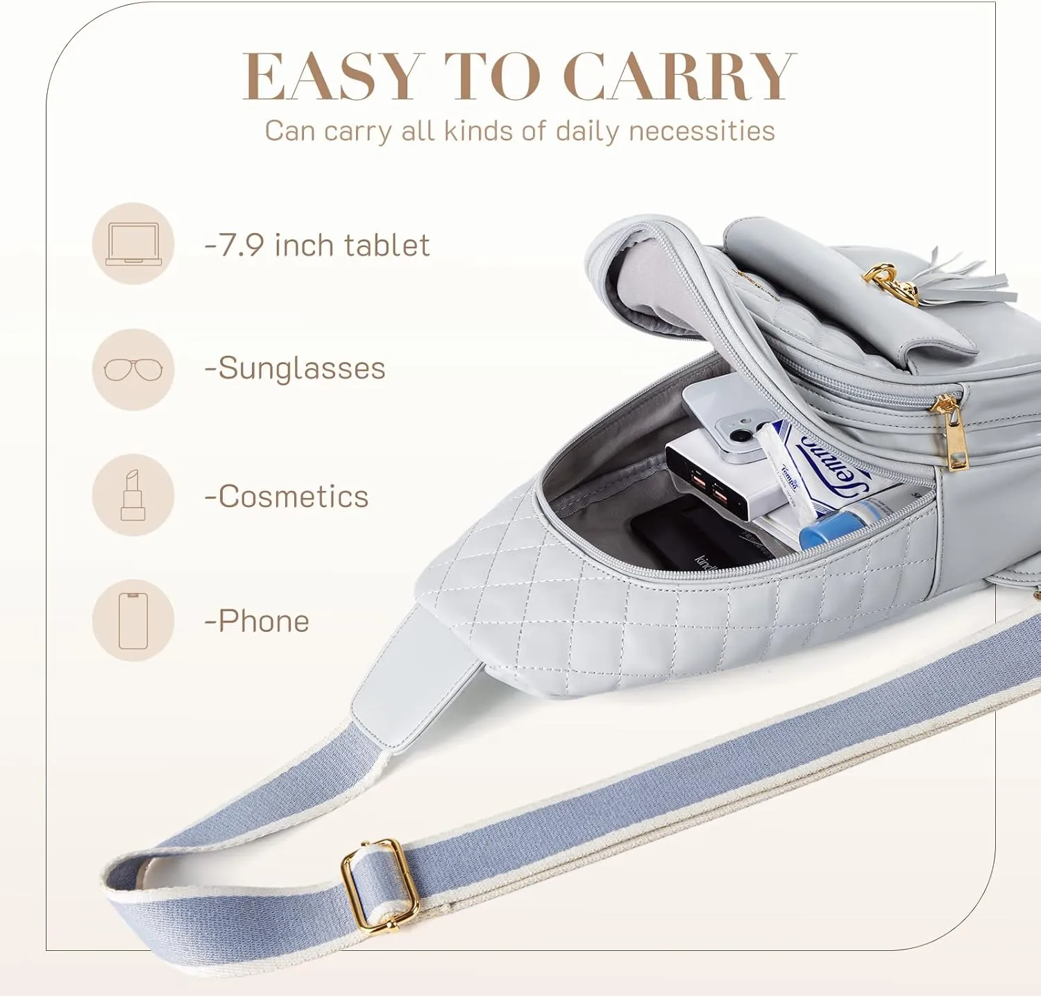Missnine PU Leather Sling Bag for Women Quilted Chest Crossbody Trendy Travel Bag for Hiking Cycling with Tassel