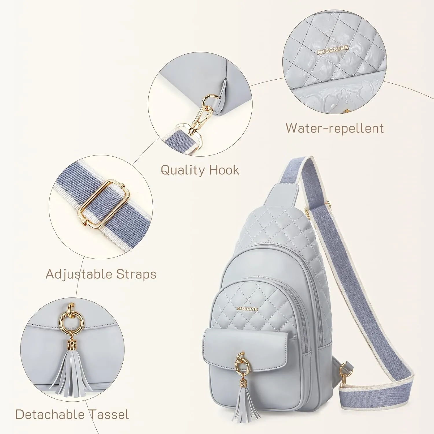 Missnine PU Leather Sling Bag for Women Quilted Chest Crossbody Trendy Travel Bag for Hiking Cycling with Tassel