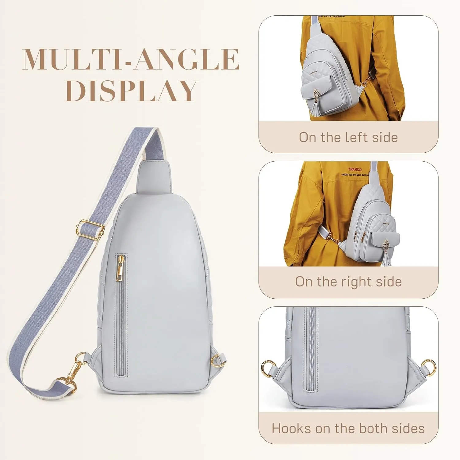Missnine PU Leather Sling Bag for Women Quilted Chest Crossbody Trendy Travel Bag for Hiking Cycling with Tassel