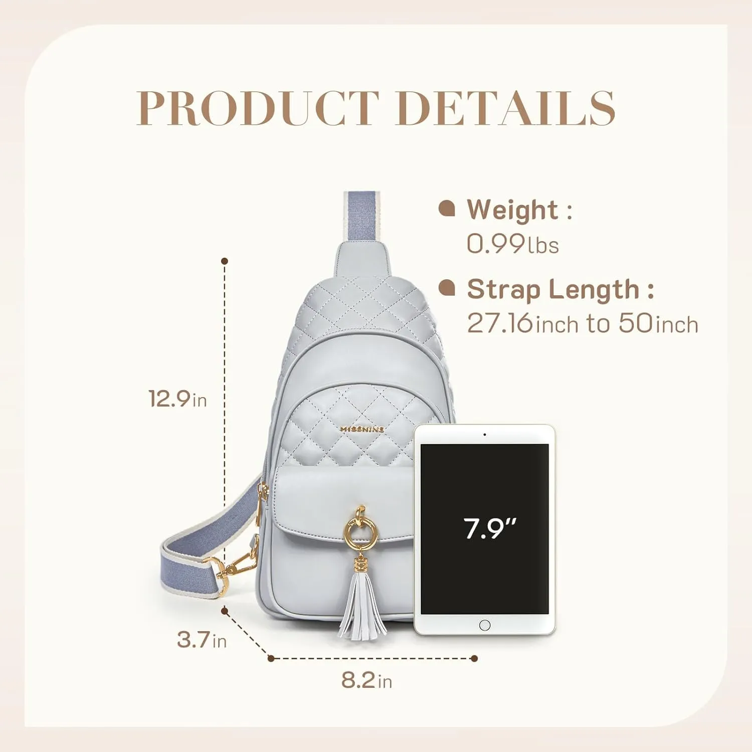 Missnine PU Leather Sling Bag for Women Quilted Chest Crossbody Trendy Travel Bag for Hiking Cycling with Tassel